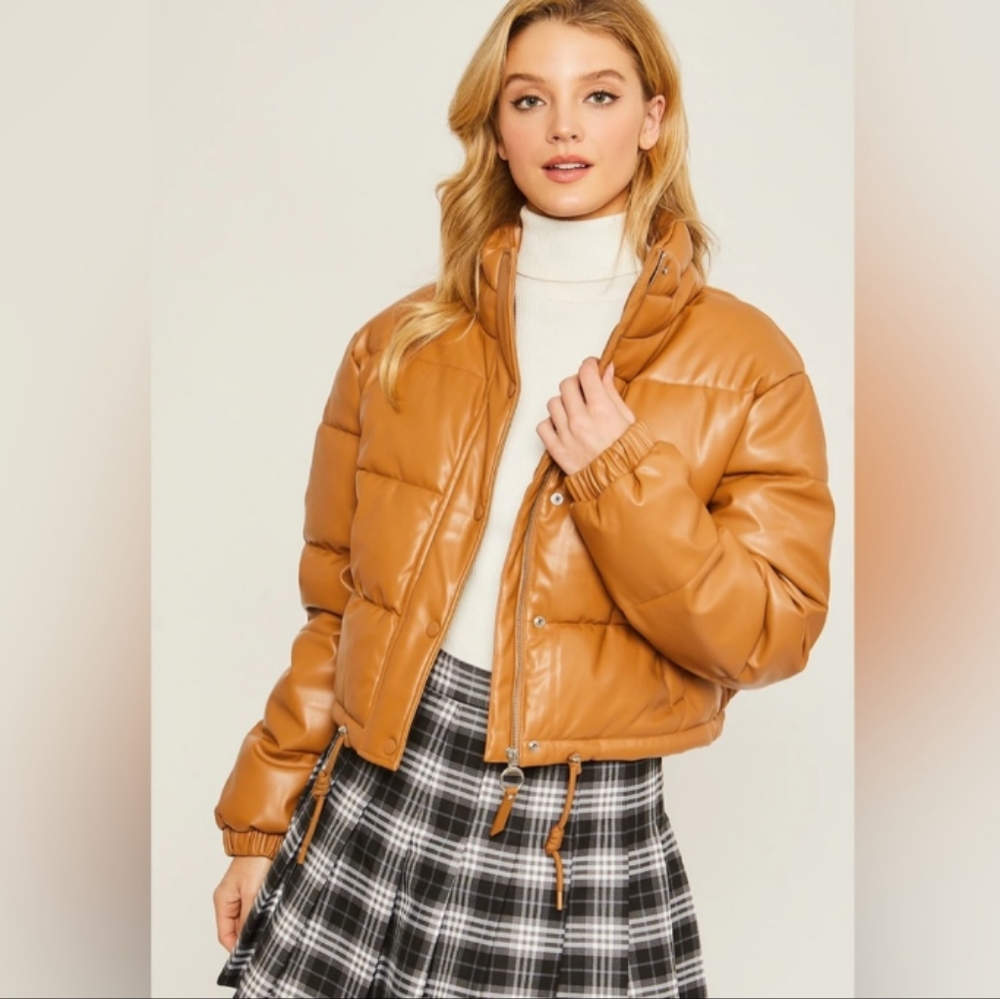 Love Tree Tan Faux Leather Puffer Jacket Size Medium